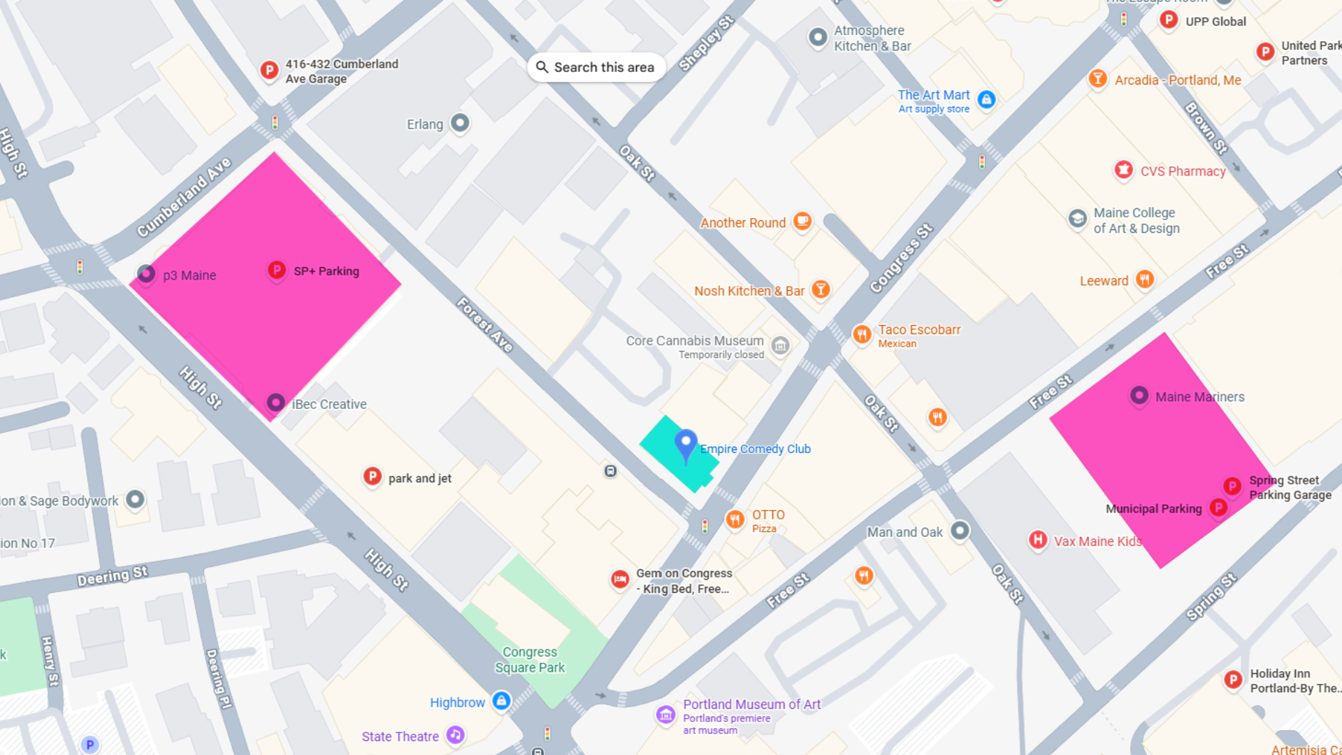 Map showing parking options near Empire Comedy Club.